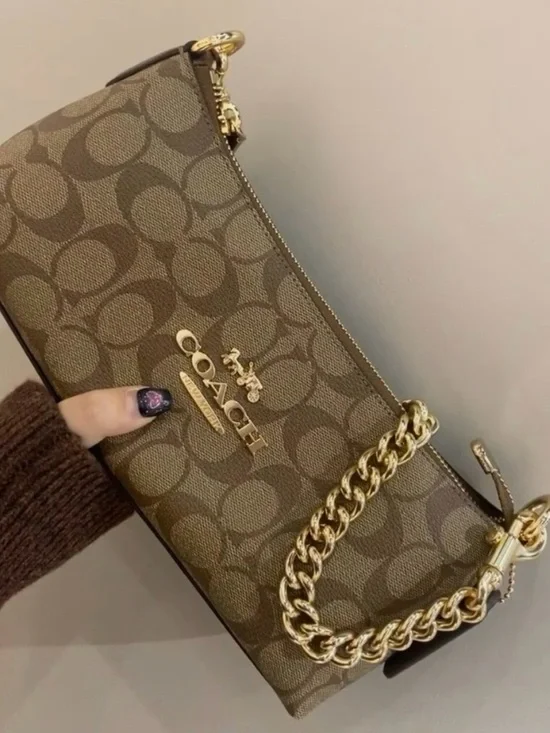 Coach Brown Signature Canvas Shoulder Bag with Gold Chain - Picture 4 of 14